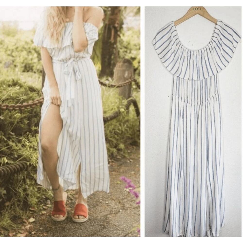 Lost & Wander Rayon Off-OR-On-Shoulder Tier Gauzy Blue & White Dress - M